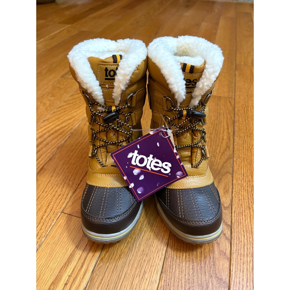 Totes Morris Kids Tan Brown Faux Fur Insulated Winter Snow Boots Size 2 NEW